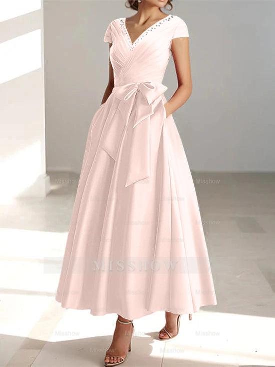V-Neck A-Line Princess Ankle-Length Mother of the Bride Dress With Short Sleeves Pockets & Ruffles