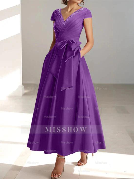 V-Neck A-Line Princess Ankle-Length Mother of the Bride Dress With Short Sleeves Pockets & Ruffles