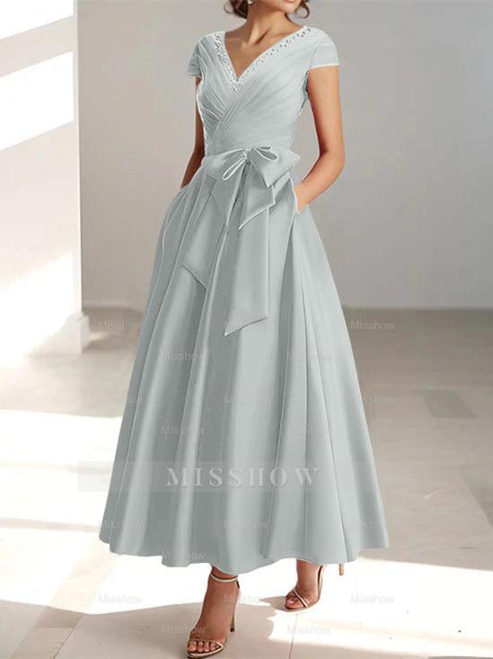 V-Neck A-Line Princess Ankle-Length Mother of the Bride Dress With Short Sleeves Pockets & Ruffles