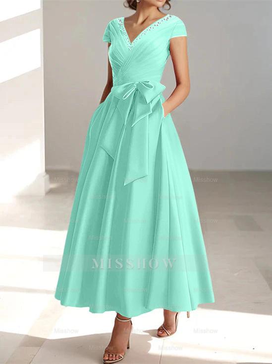 V-Neck A-Line Princess Ankle-Length Mother of the Bride Dress With Short Sleeves Pockets & Ruffles