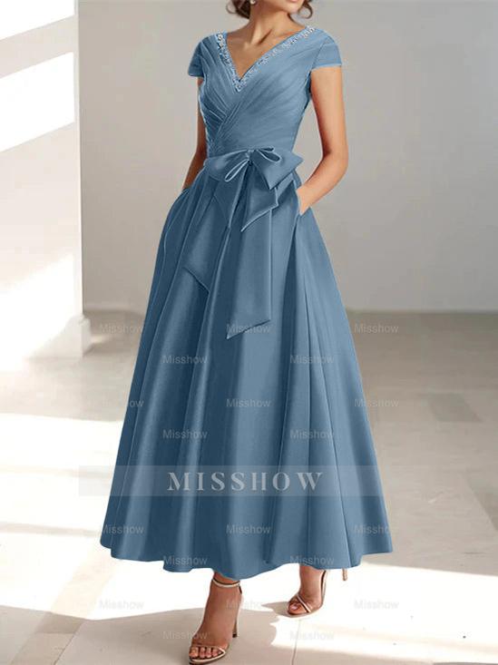 V-Neck A-Line Princess Ankle-Length Mother of the Bride Dress With Short Sleeves Pockets & Ruffles