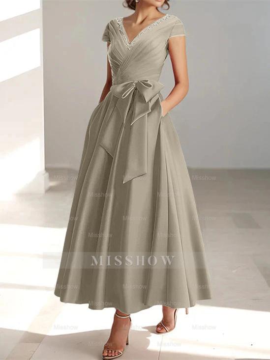 V-Neck A-Line Princess Ankle-Length Mother of the Bride Dress With Short Sleeves Pockets & Ruffles