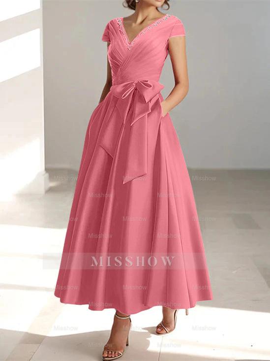 V-Neck A-Line Princess Ankle-Length Mother of the Bride Dress With Short Sleeves Pockets & Ruffles