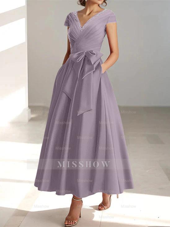 V-Neck A-Line Princess Ankle-Length Mother of the Bride Dress With Short Sleeves Pockets & Ruffles