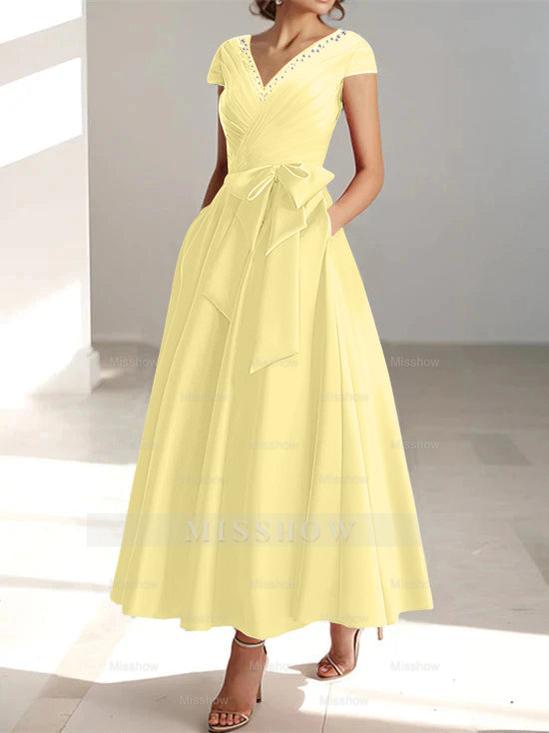 V-Neck A-Line Princess Ankle-Length Mother of the Bride Dress With Short Sleeves Pockets & Ruffles
