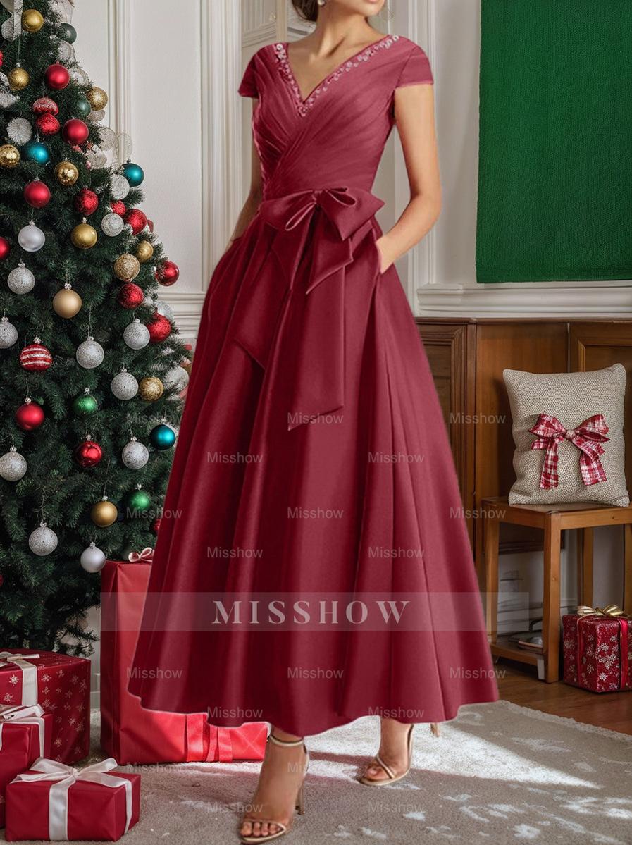 V-Neck A-Line Princess Ankle-Length Mother of the Bride Dress With Short Sleeves Pockets & Ruffles
