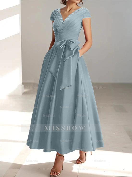 V-Neck A-Line Princess Ankle-Length Mother of the Bride Dress With Short Sleeves Pockets & Ruffles