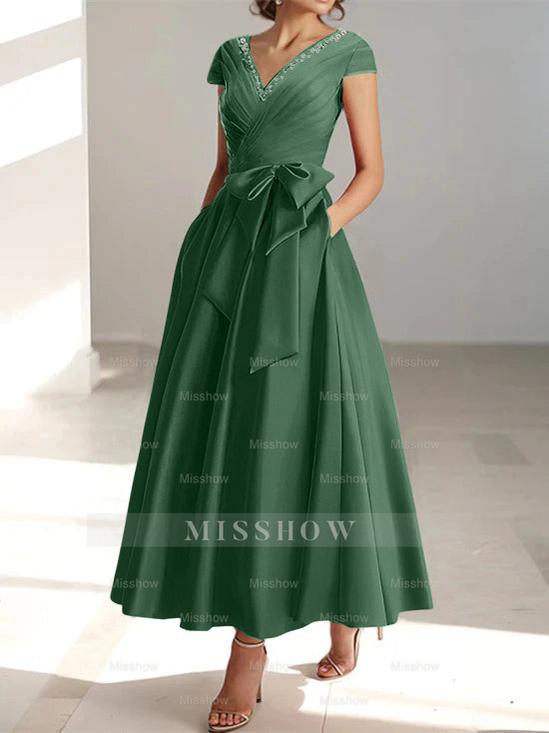 V-Neck A-Line Princess Ankle-Length Mother of the Bride Dress With Short Sleeves Pockets & Ruffles