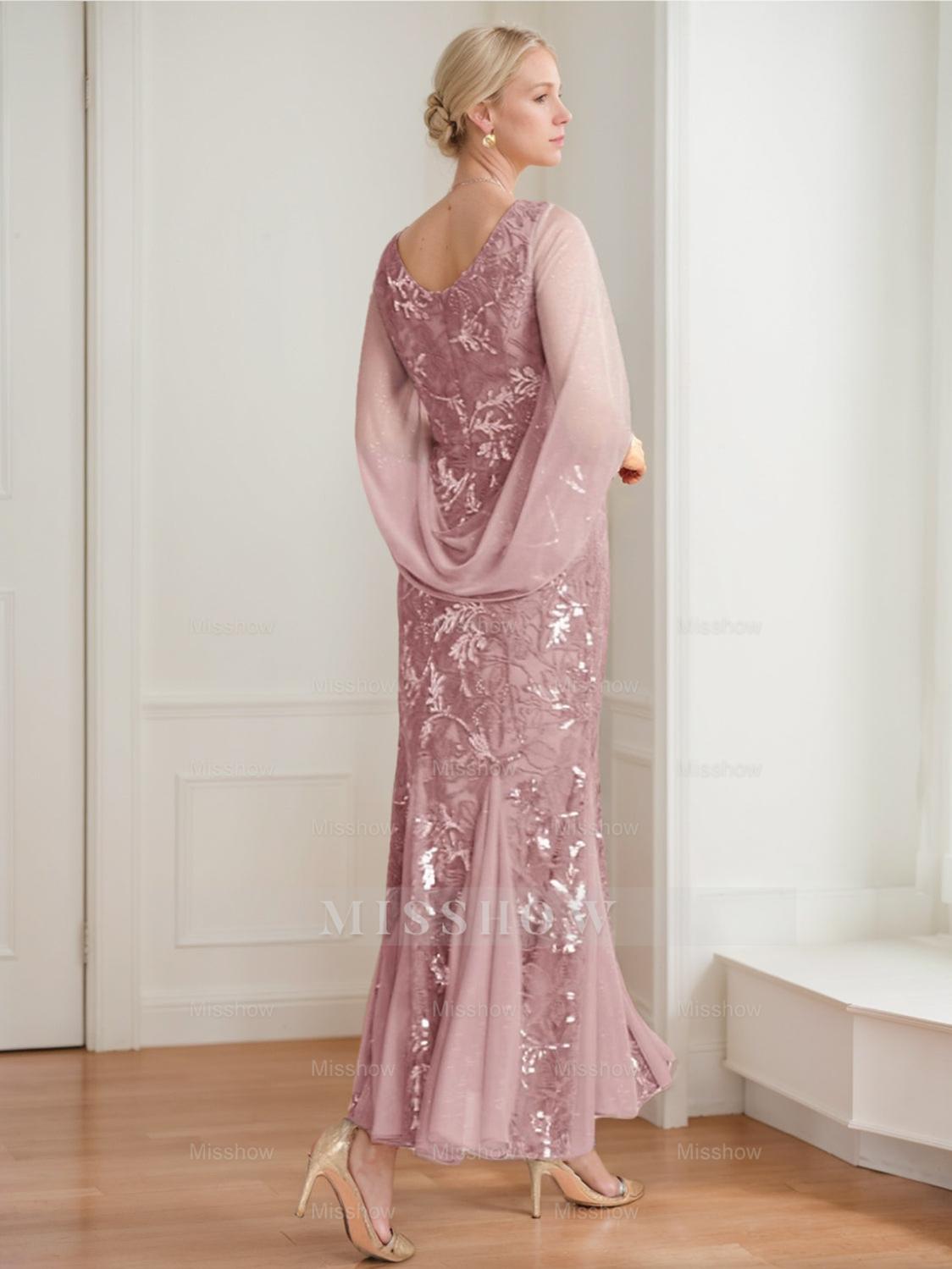 V-Neck A-Line Princess Ankle-Length Mother of the Bride Dress in Solid Color with Lace Half Sleeves