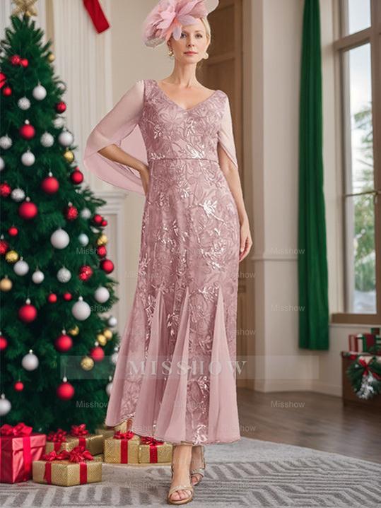 V-Neck A-Line Princess Ankle-Length Mother of the Bride Dress in Solid Color with Lace Half Sleeves