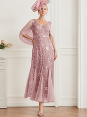 V-Neck A-Line Princess Ankle-Length Mother of the Bride Dress in Solid Color with Lace Half Sleeves