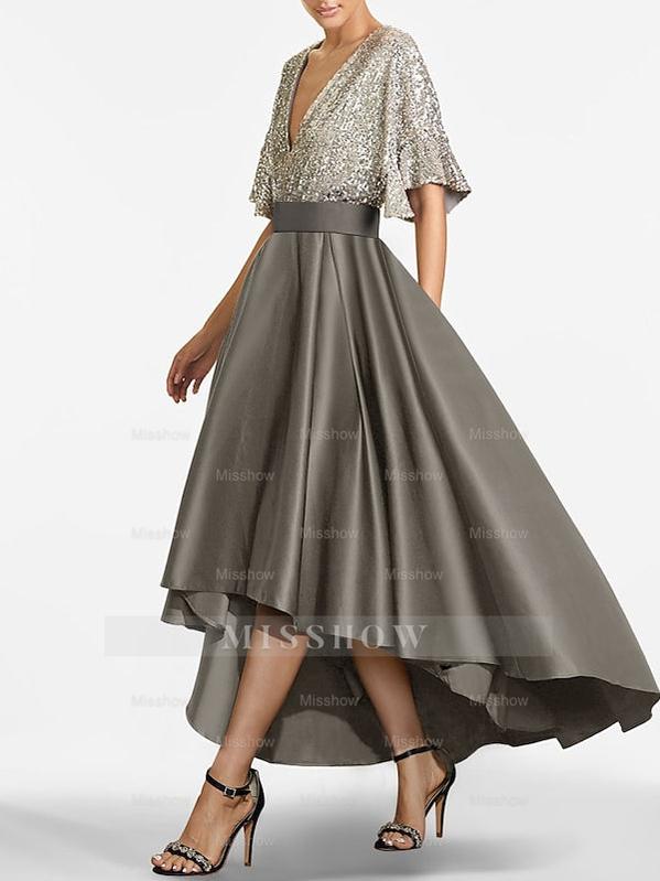 V-Neck A-Line Princess Asymmetrical Half-Sleeve Mother of the Bride Dress