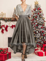 V-Neck A-Line Princess Asymmetrical Half-Sleeve Mother of the Bride Dress