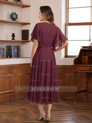 V-Neck A-Line Princess Dresses with Ruched Pleats and Jewel Appliques for Mothers of the Bride & Groom