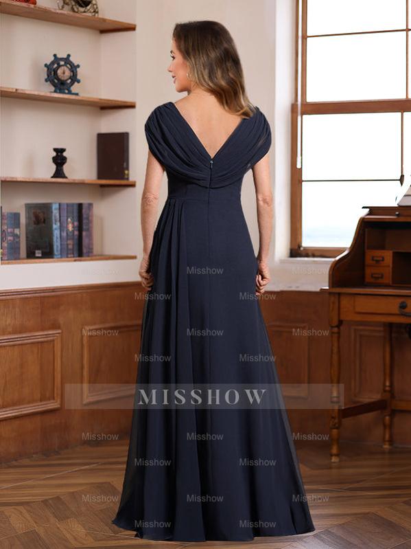 V-Neck A-Line Princess Floor-Length Dresses for Mothers of the Bride & Groom with Ruched Pleats Jewel Appliques & Sequins
