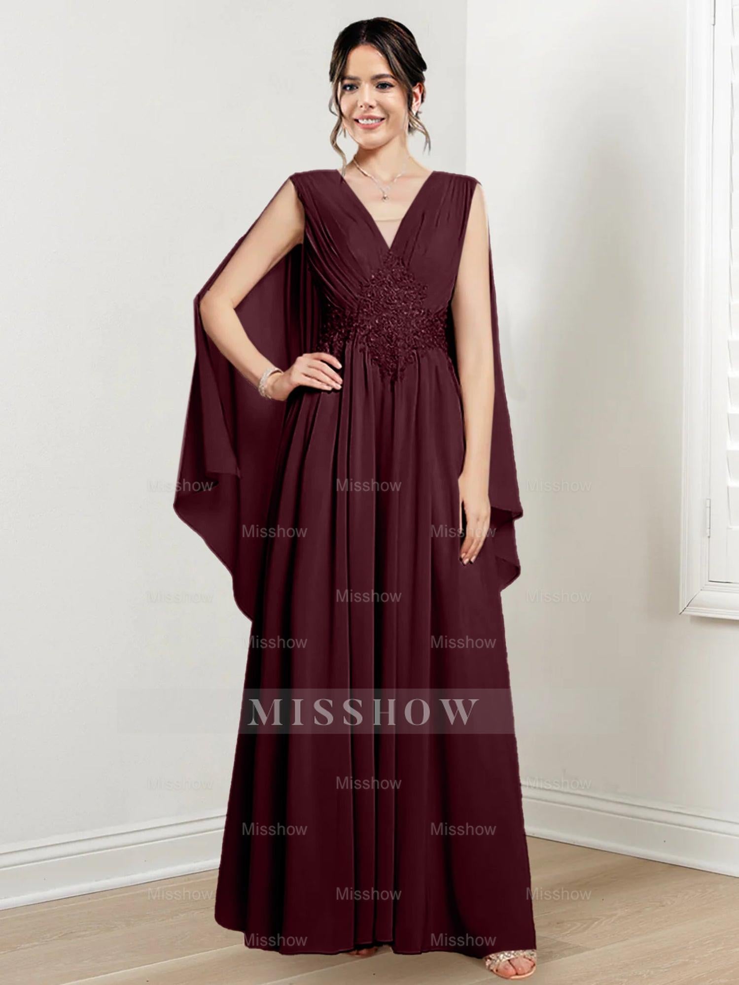 V-Neck A-Line Princess Floor-Length Dresses for the Mother of the Bride