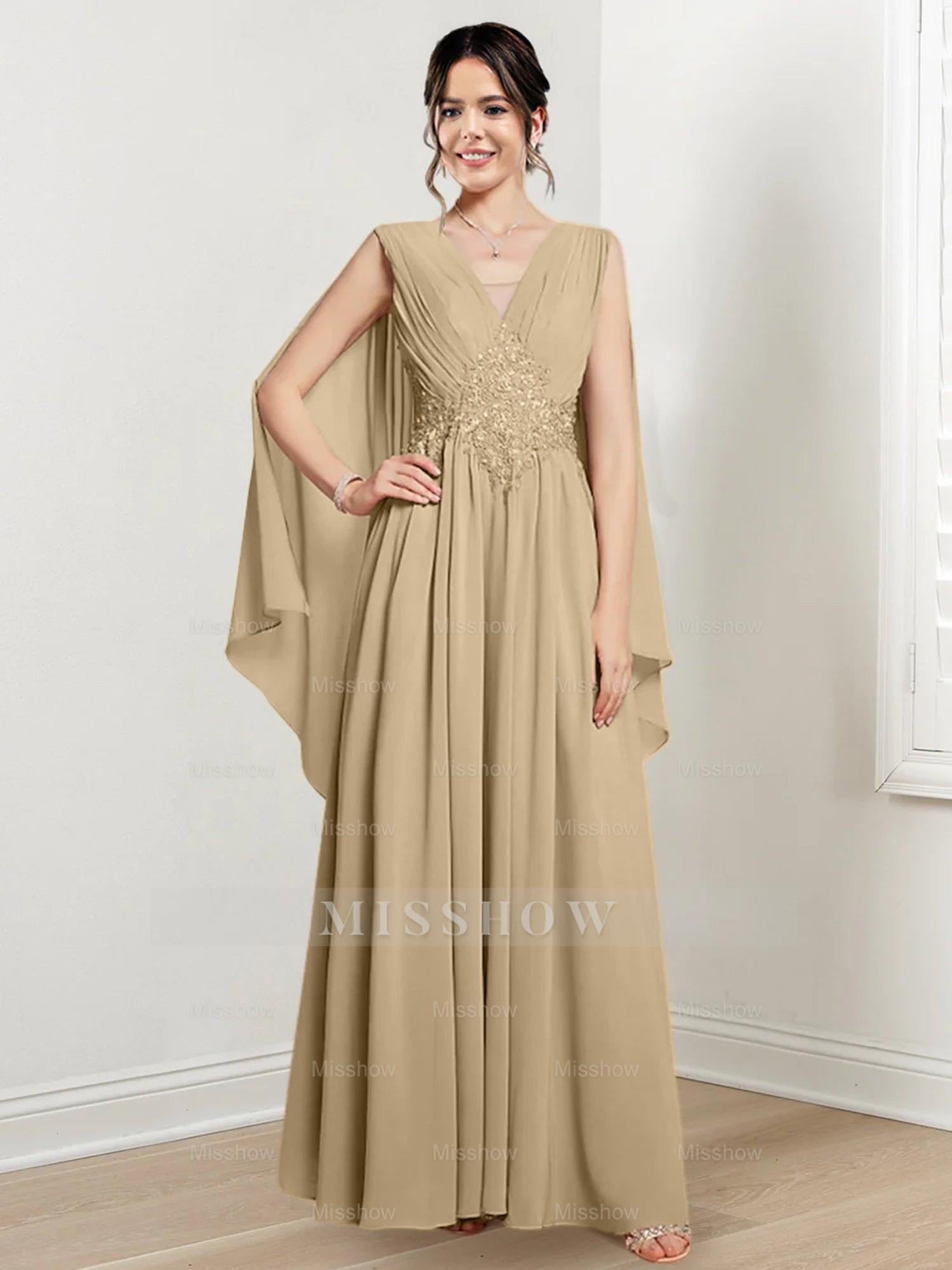 V-Neck A-Line Princess Floor-Length Dresses for the Mother of the Bride
