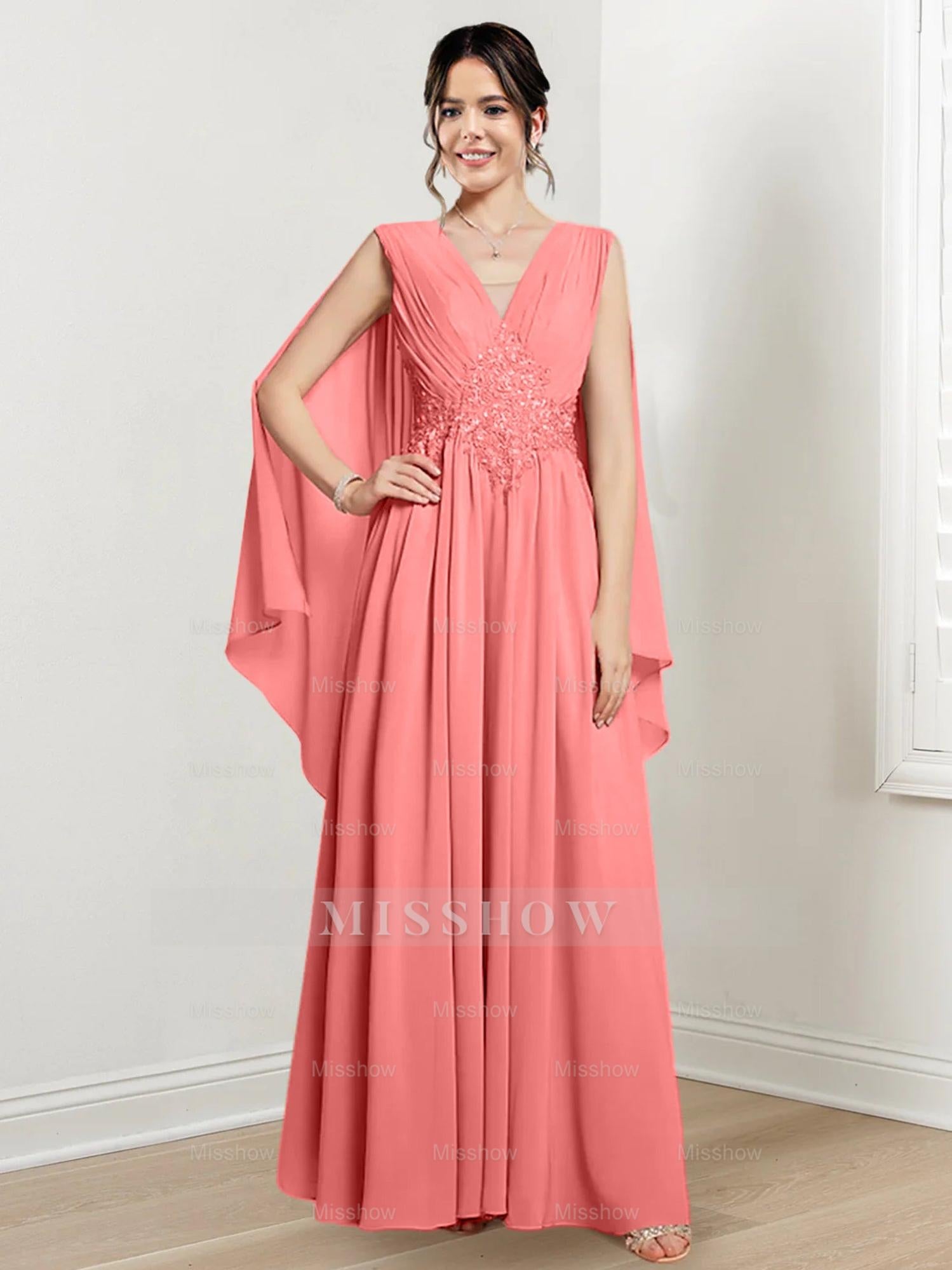 V-Neck A-Line Princess Floor-Length Dresses for the Mother of the Bride
