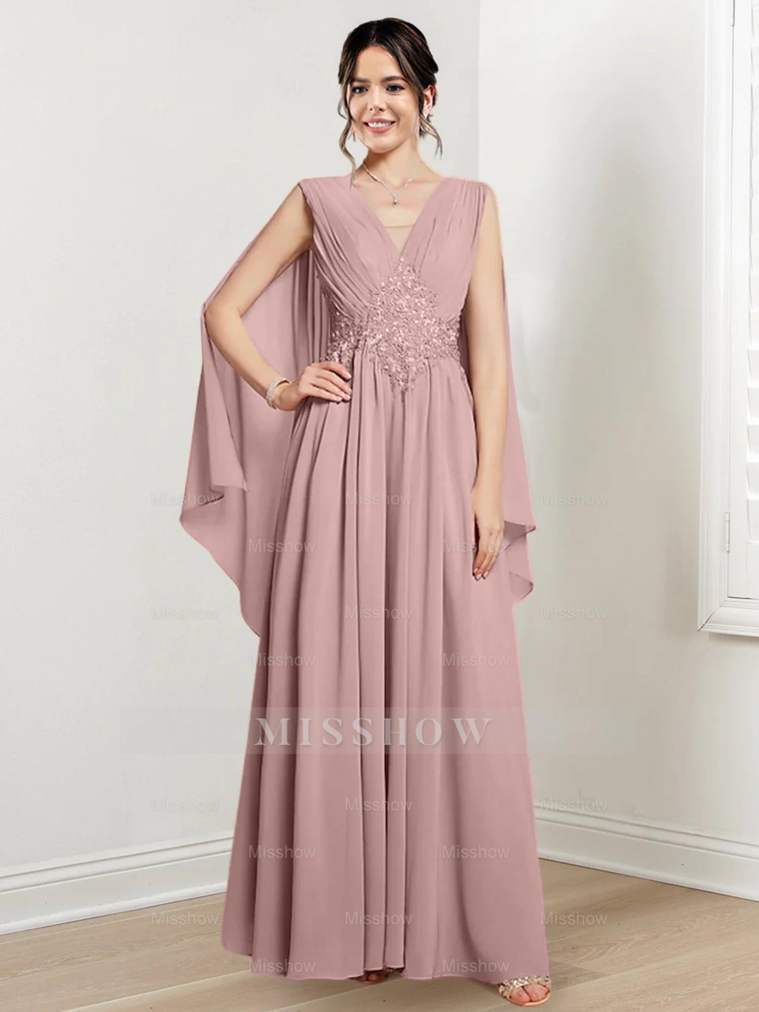 V-Neck A-Line Princess Floor-Length Dresses for the Mother of the Bride