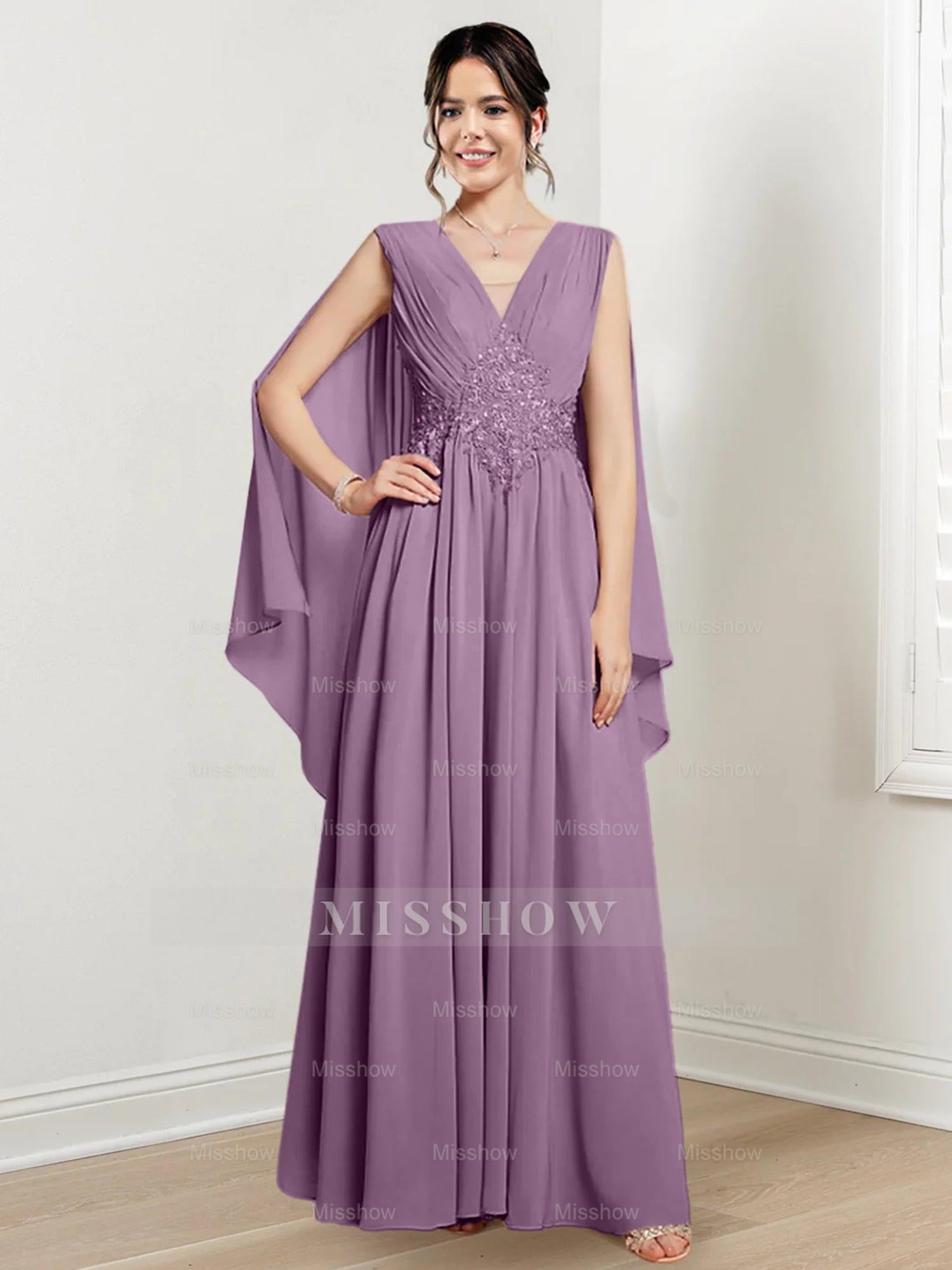 V-Neck A-Line Princess Floor-Length Dresses for the Mother of the Bride