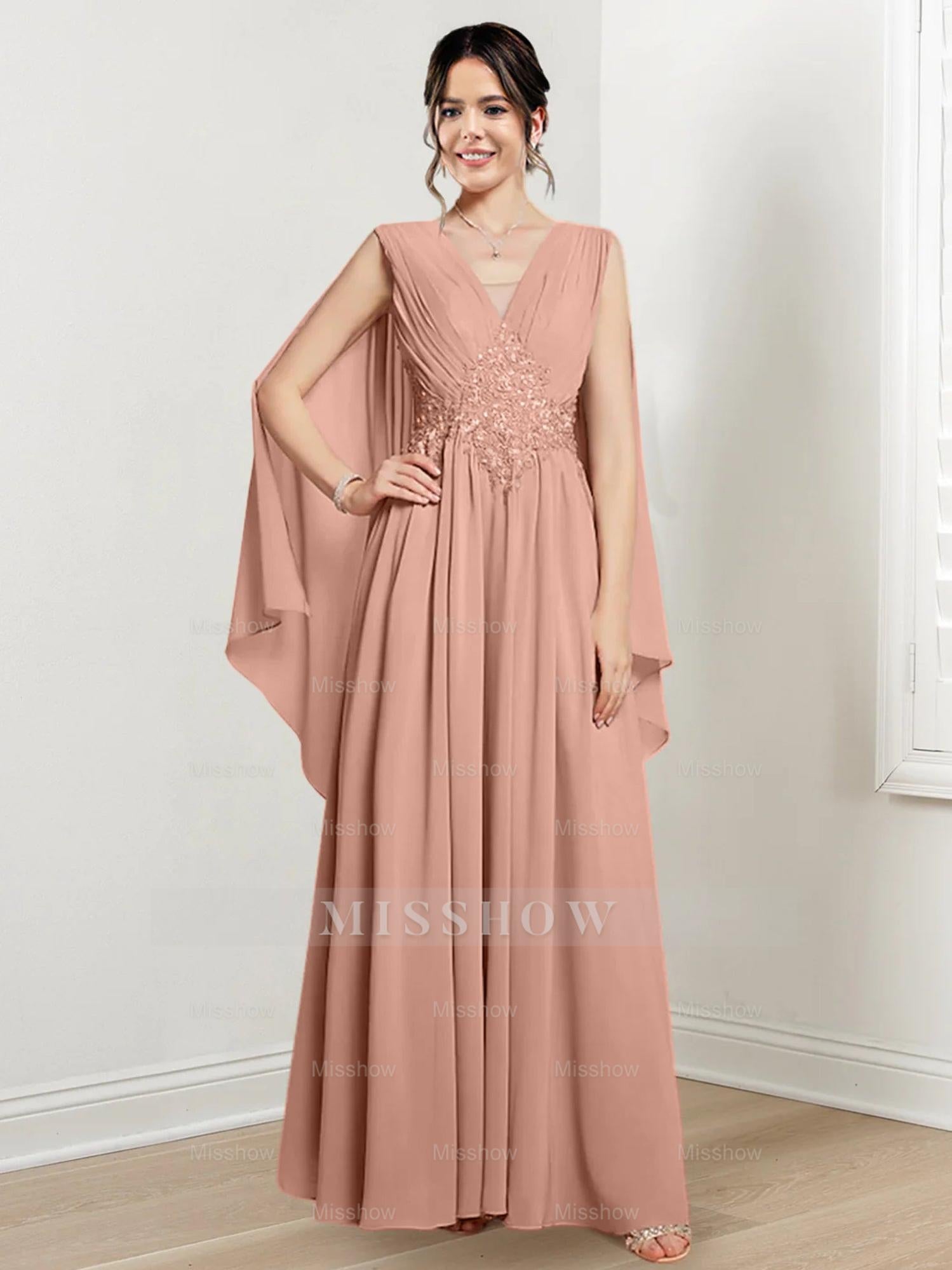 V-Neck A-Line Princess Floor-Length Dresses for the Mother of the Bride