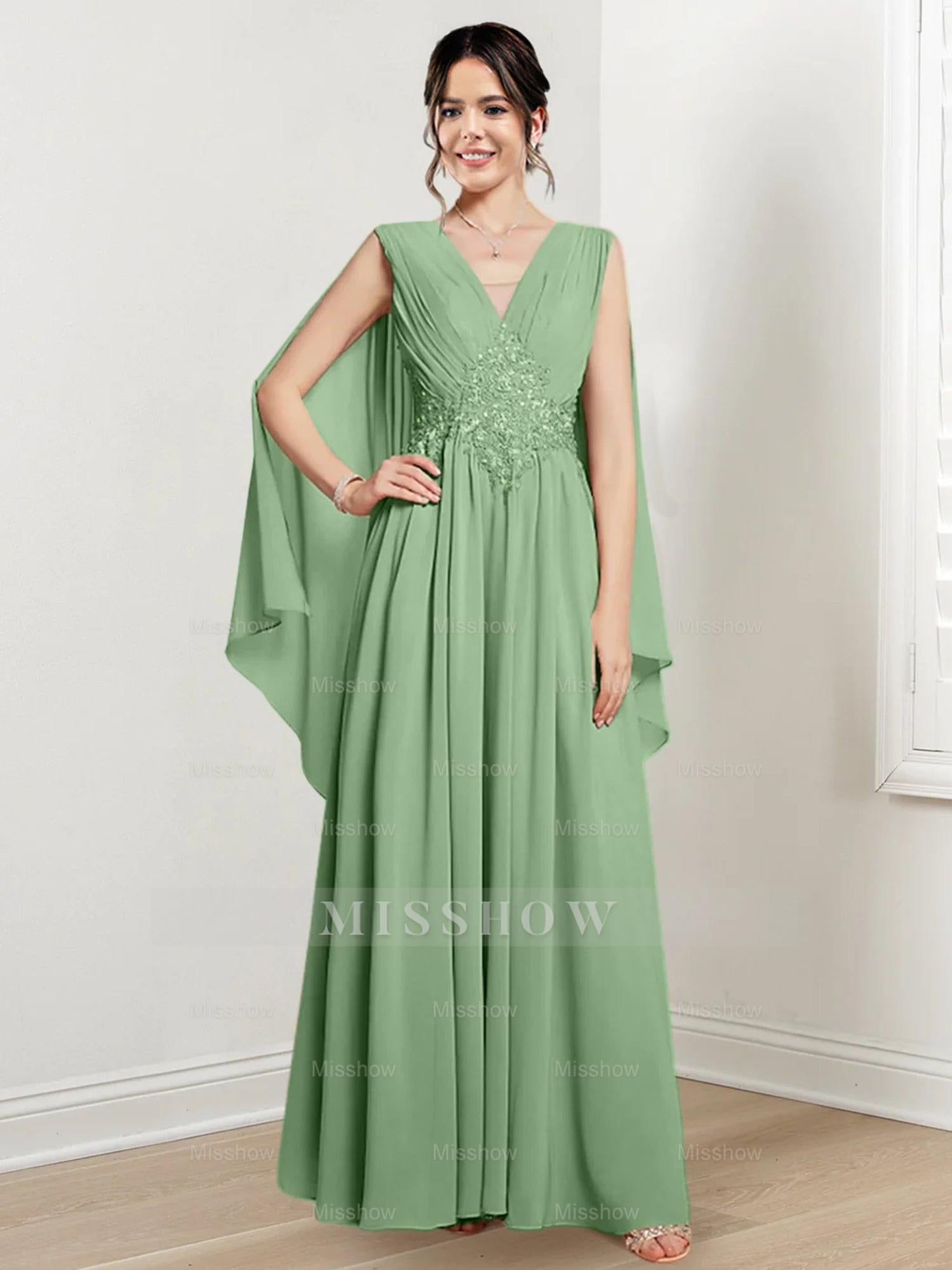 V-Neck A-Line Princess Floor-Length Dresses for the Mother of the Bride
