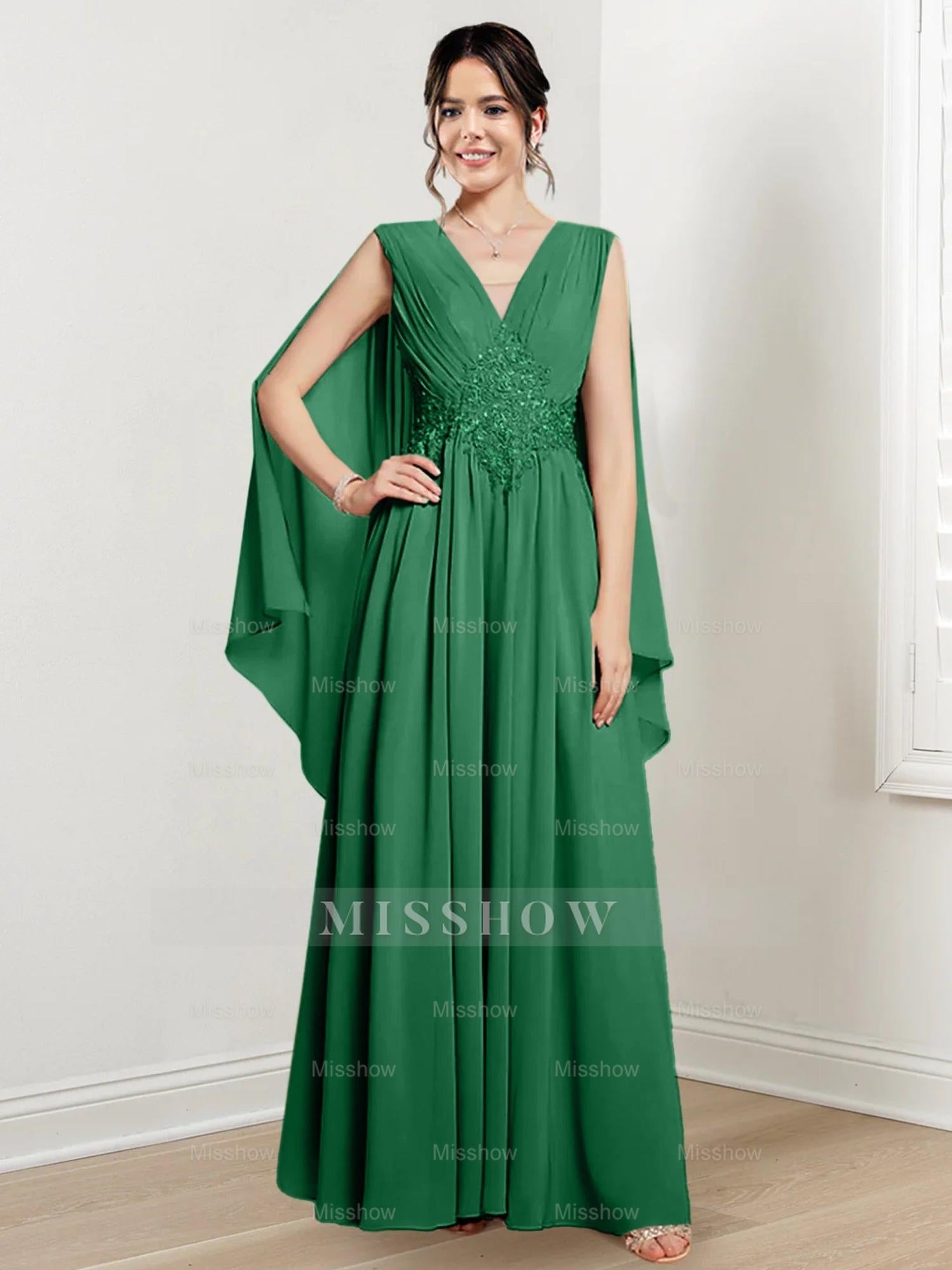 V-Neck A-Line Princess Floor-Length Dresses for the Mother of the Bride