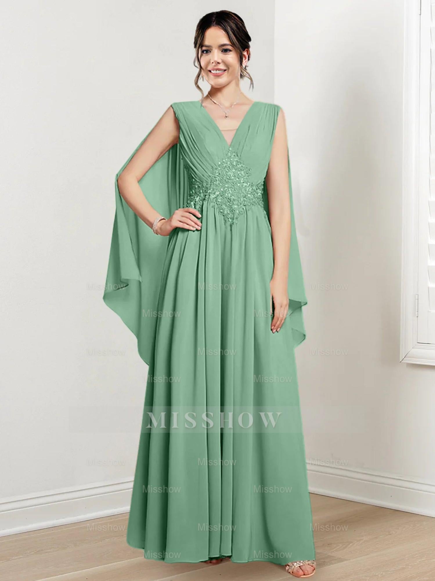 V-Neck A-Line Princess Floor-Length Dresses for the Mother of the Bride