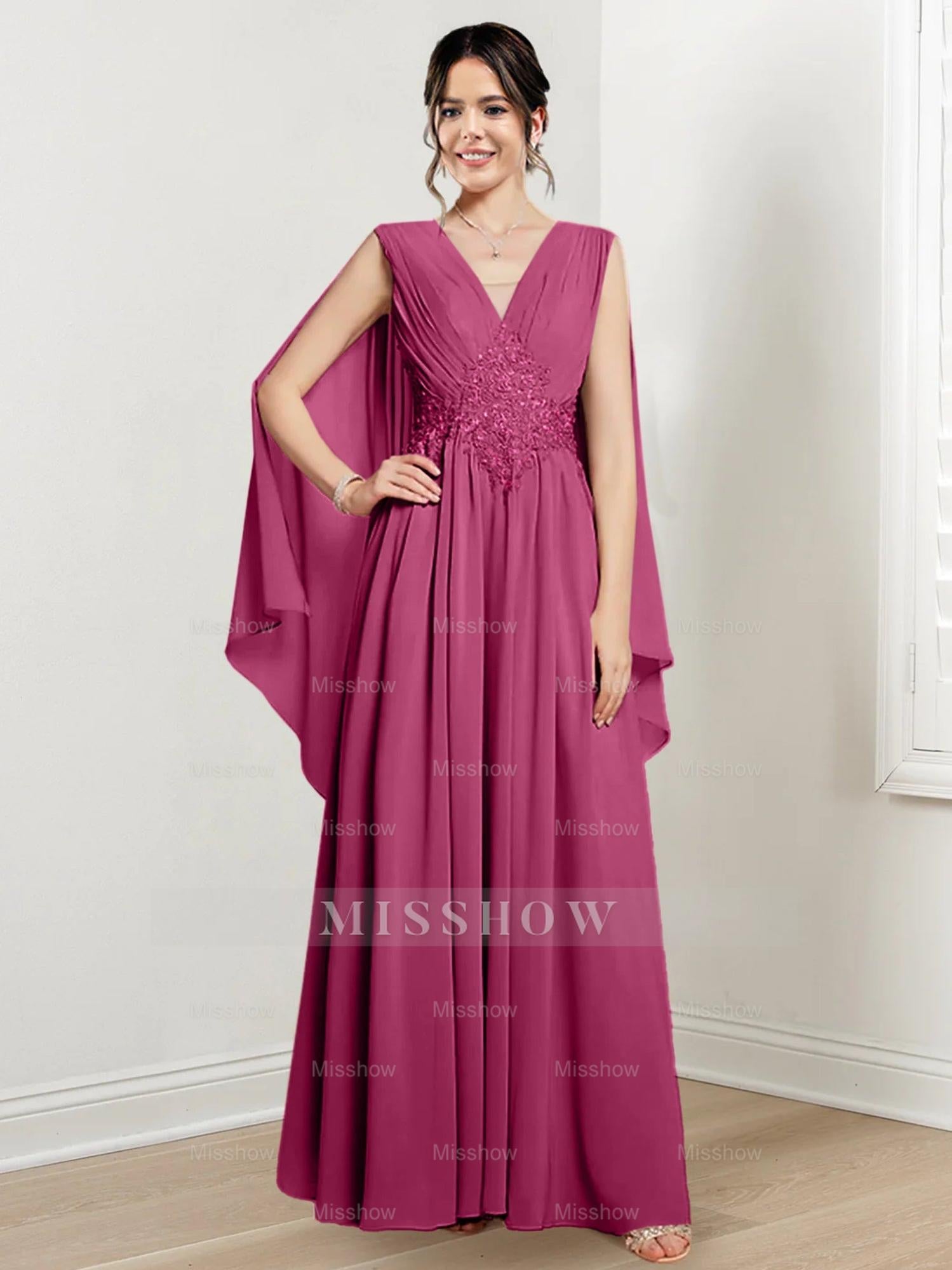 V-Neck A-Line Princess Floor-Length Dresses for the Mother of the Bride
