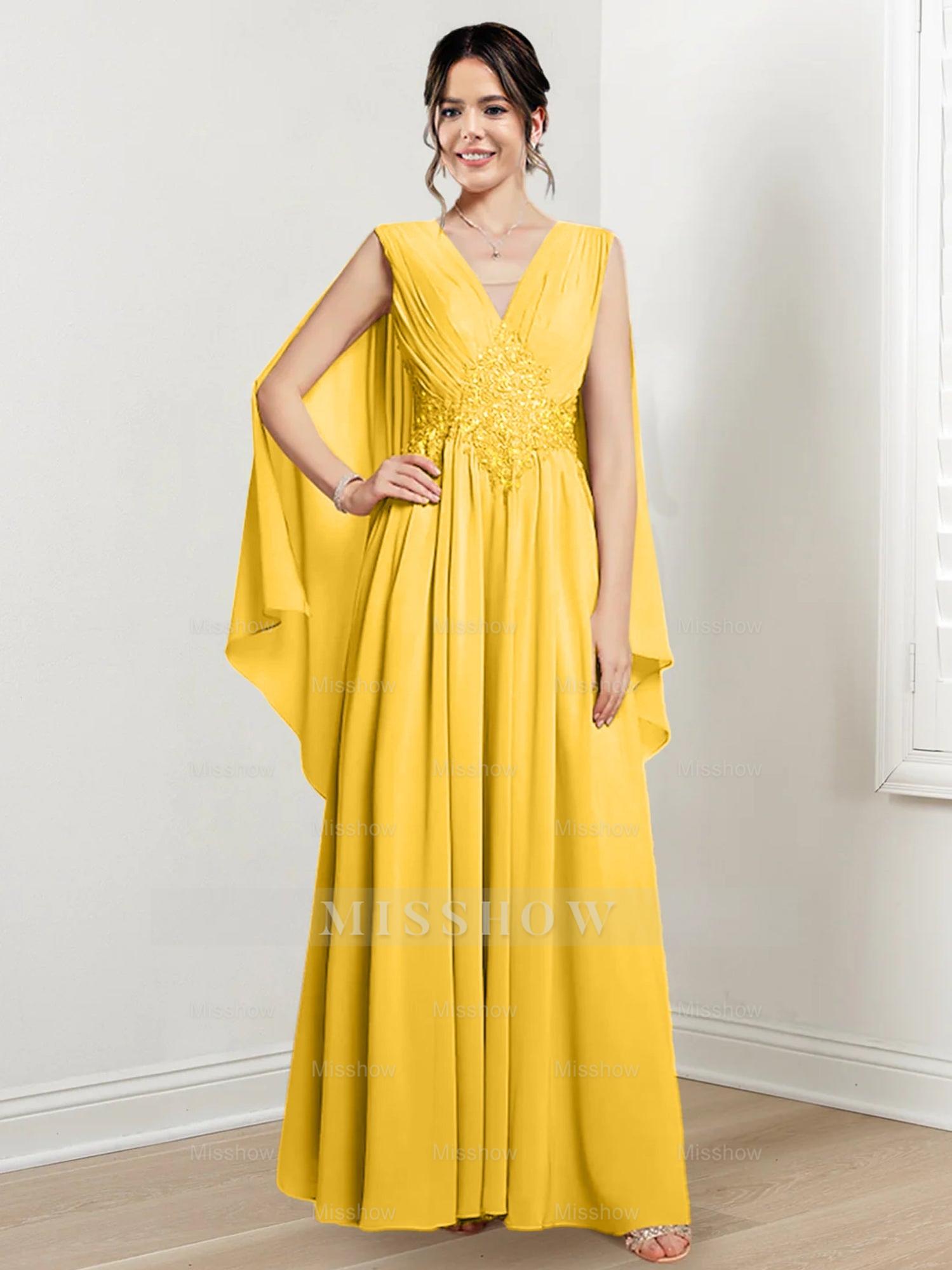 V-Neck A-Line Princess Floor-Length Dresses for the Mother of the Bride