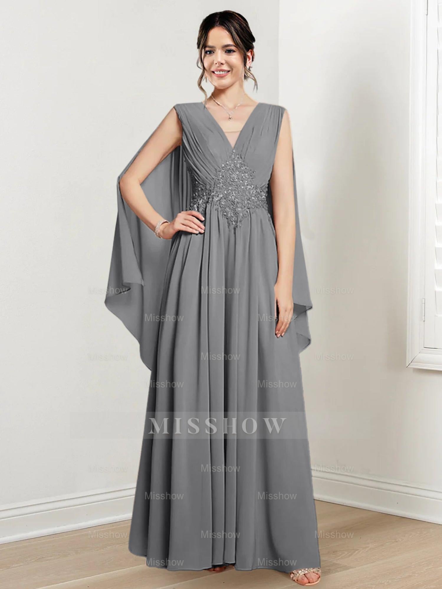 V-Neck A-Line Princess Floor-Length Dresses for the Mother of the Bride