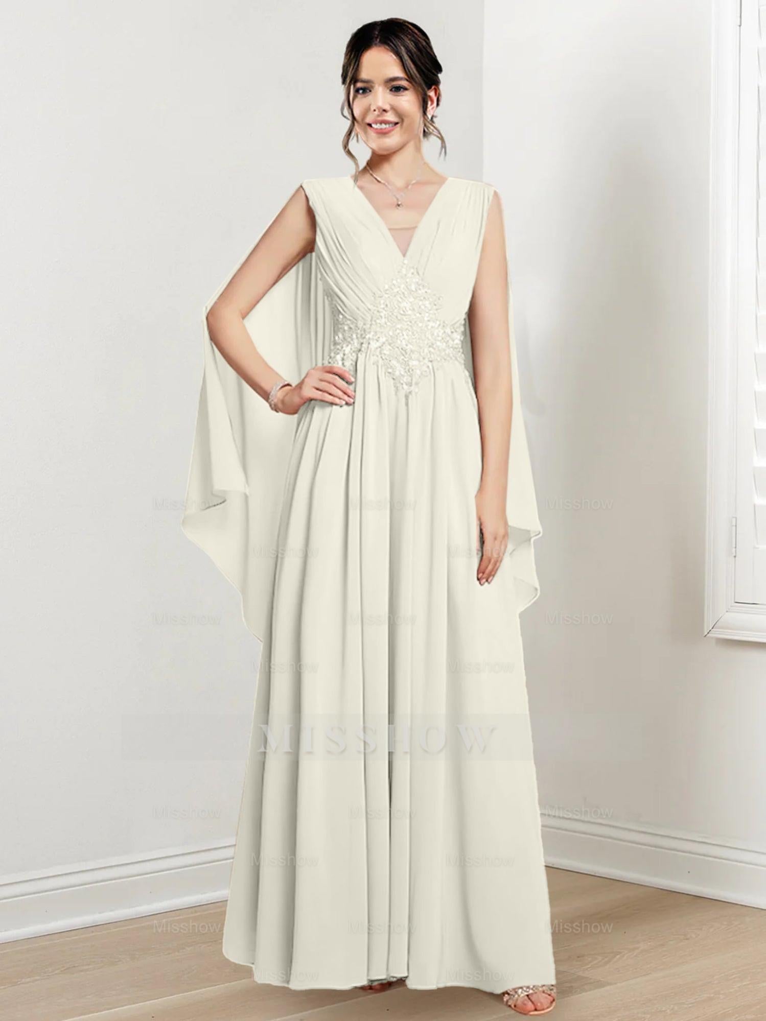 V-Neck A-Line Princess Floor-Length Dresses for the Mother of the Bride