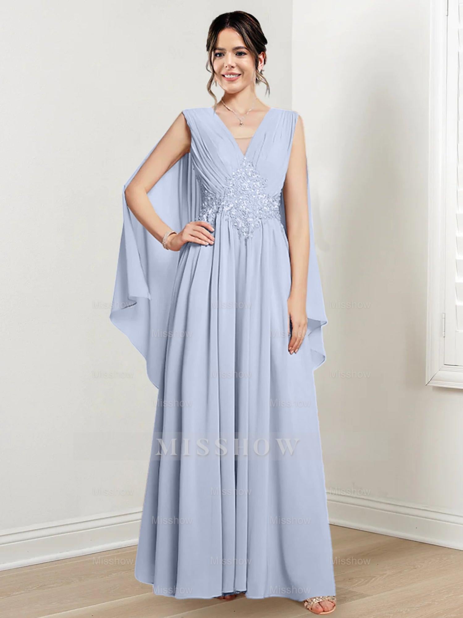V-Neck A-Line Princess Floor-Length Dresses for the Mother of the Bride
