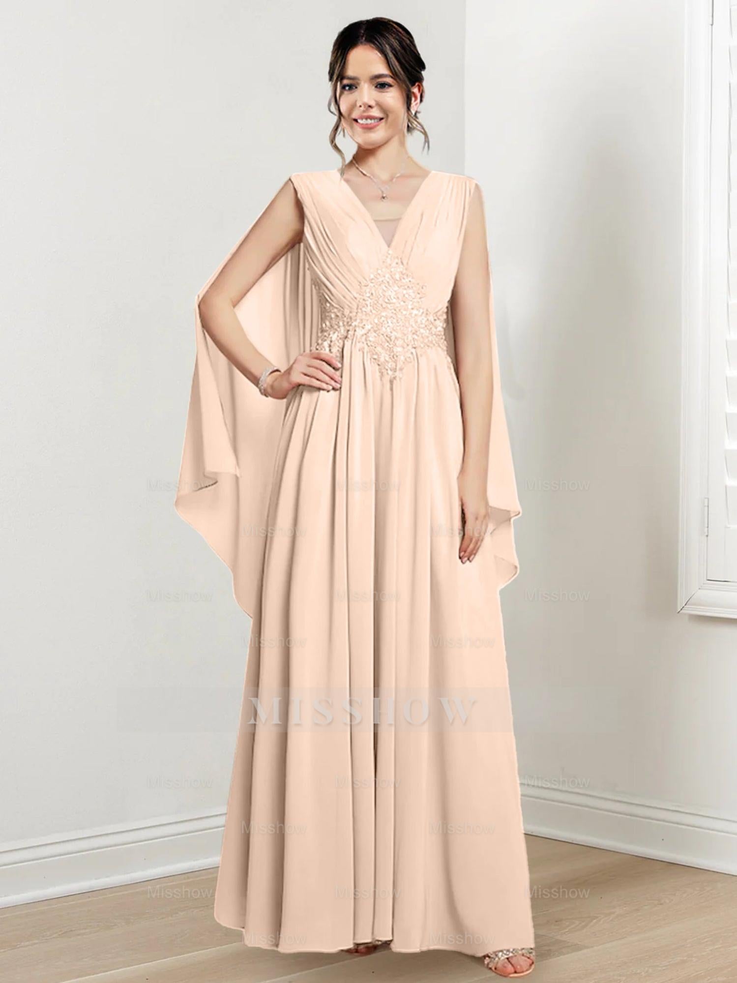 V-Neck A-Line Princess Floor-Length Dresses for the Mother of the Bride
