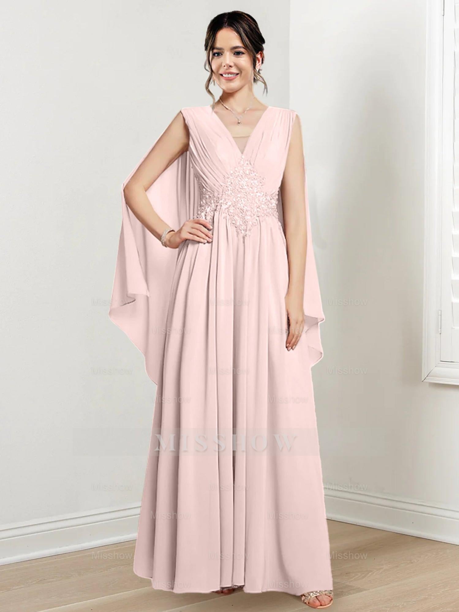 V-Neck A-Line Princess Floor-Length Dresses for the Mother of the Bride
