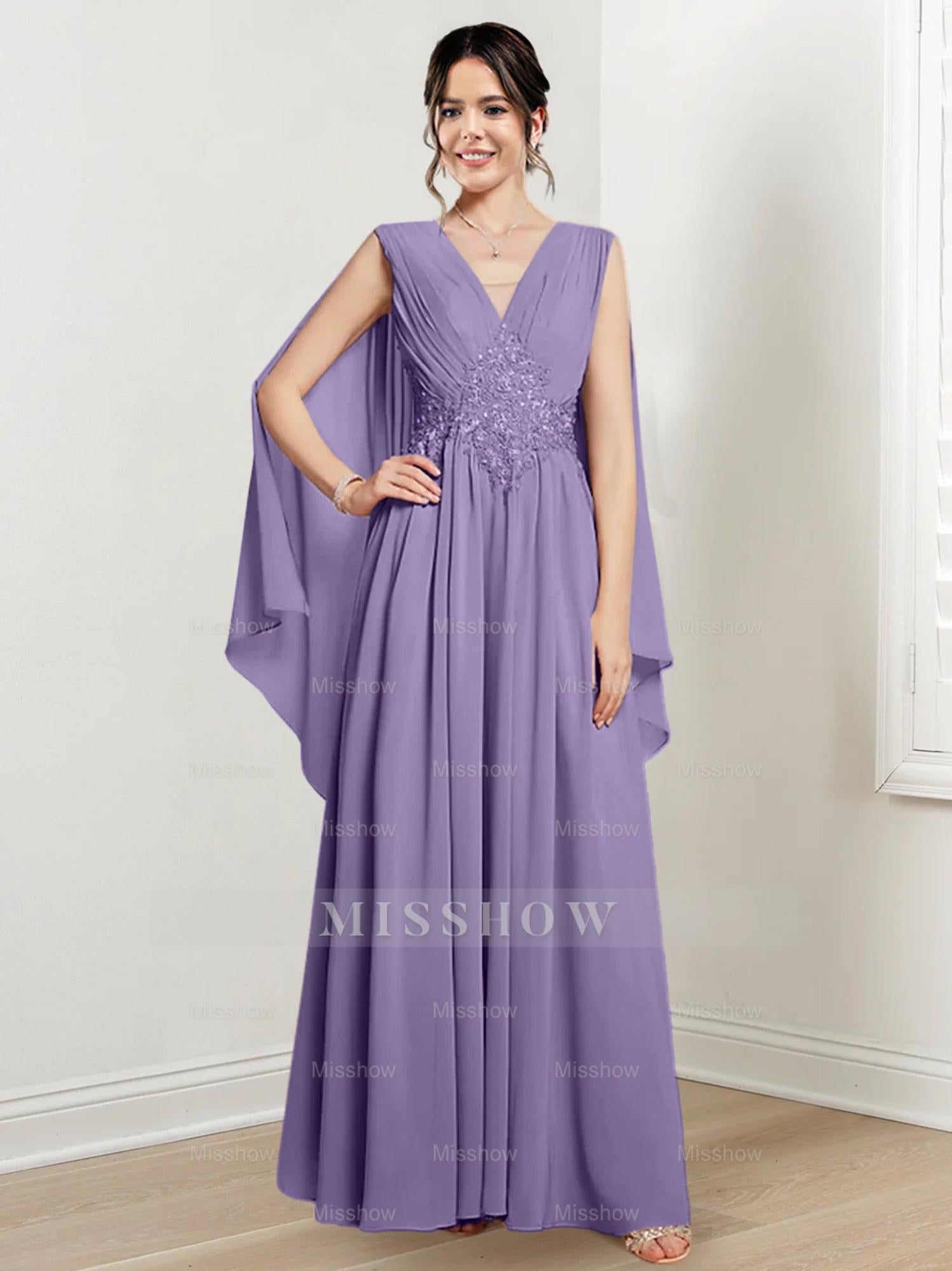 V-Neck A-Line Princess Floor-Length Dresses for the Mother of the Bride