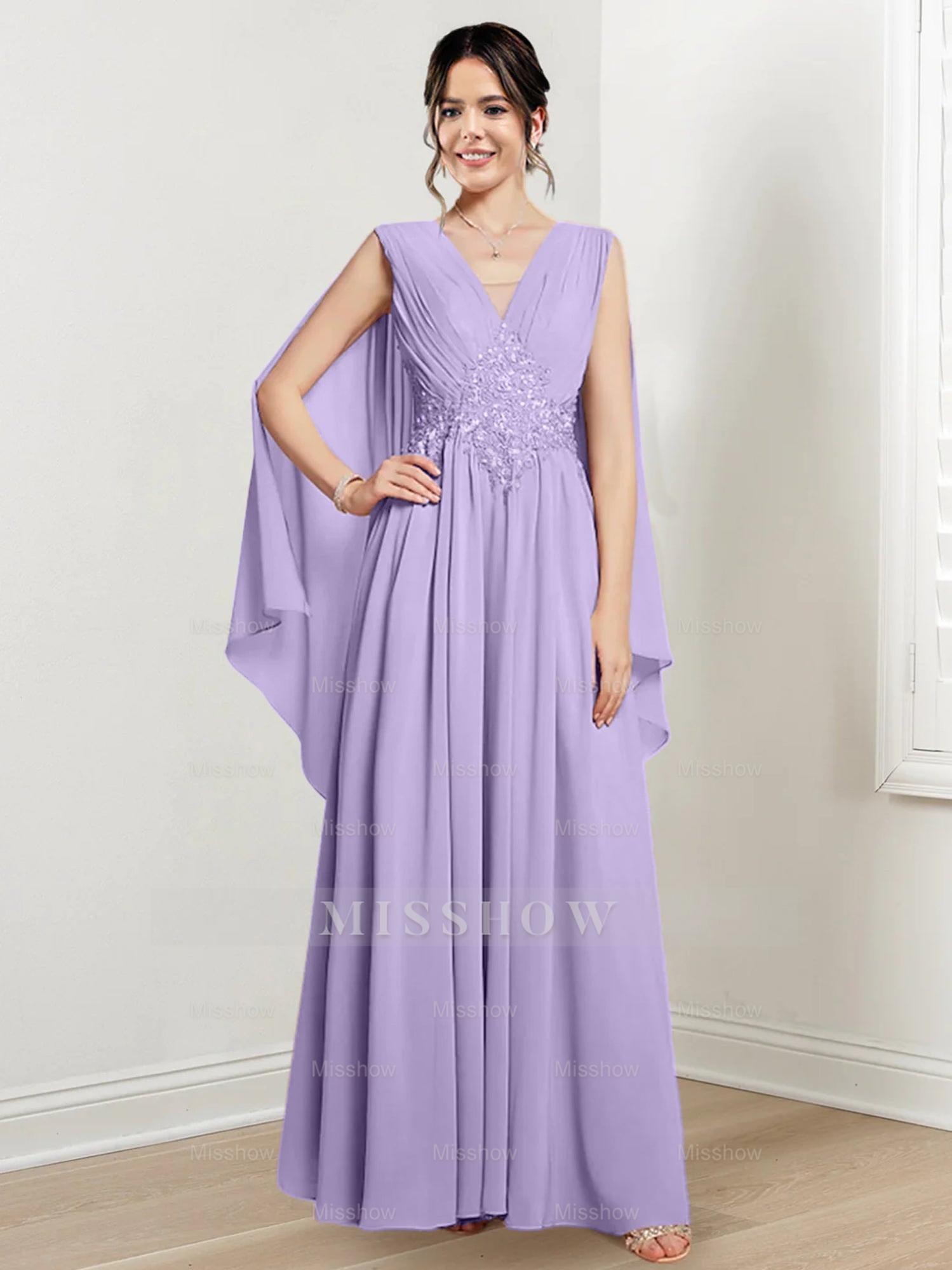 V-Neck A-Line Princess Floor-Length Dresses for the Mother of the Bride