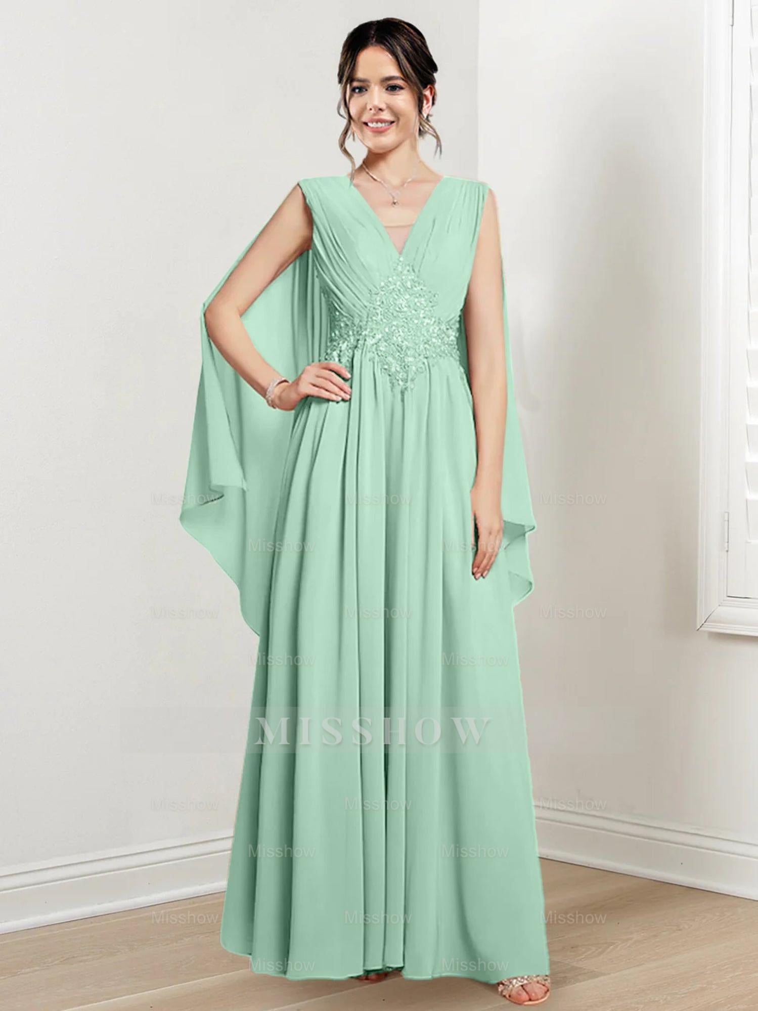 V-Neck A-Line Princess Floor-Length Dresses for the Mother of the Bride