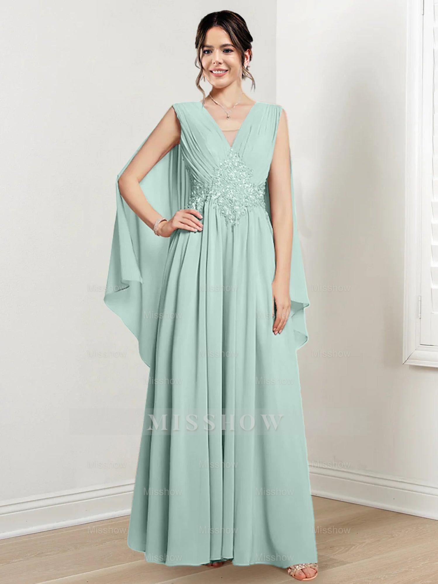 V-Neck A-Line Princess Floor-Length Dresses for the Mother of the Bride