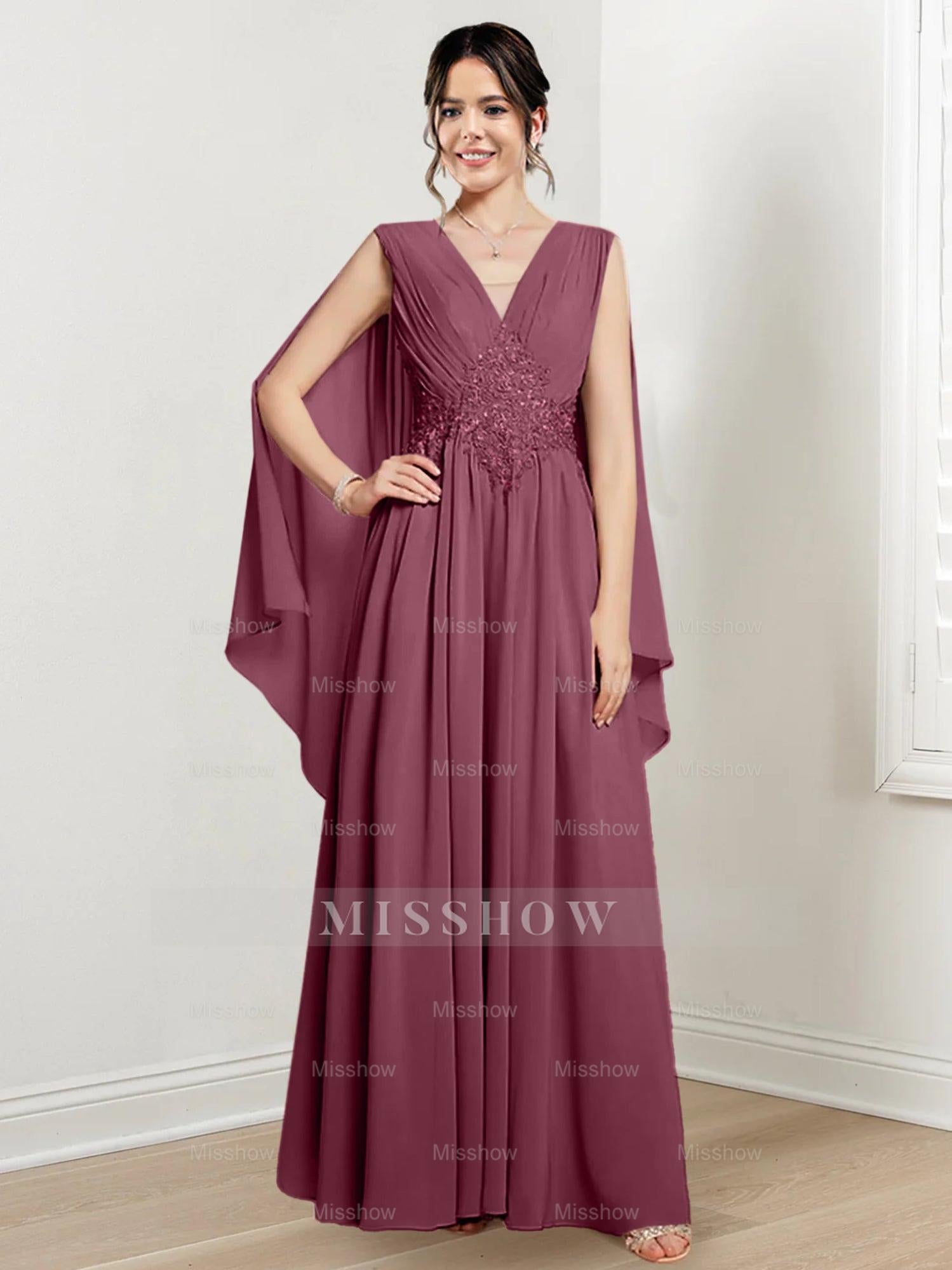 V-Neck A-Line Princess Floor-Length Dresses for the Mother of the Bride