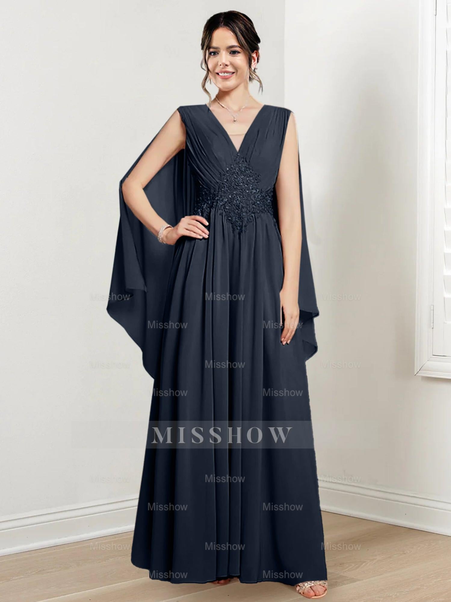 V-Neck A-Line Princess Floor-Length Dresses for the Mother of the Bride