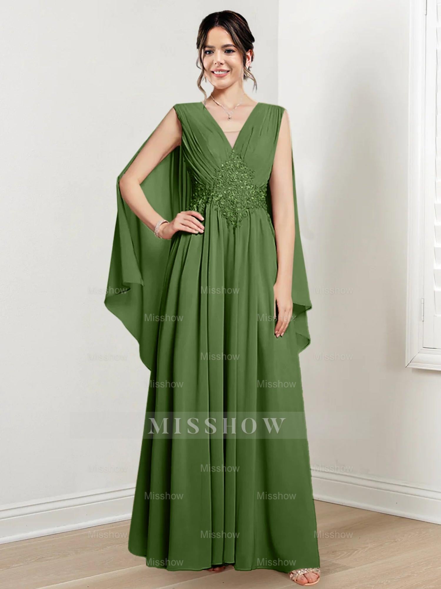 V-Neck A-Line Princess Floor-Length Dresses for the Mother of the Bride