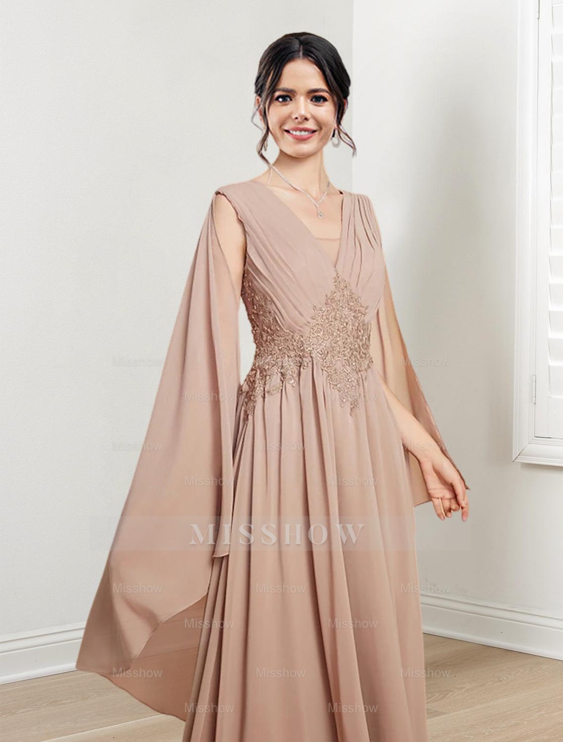V-Neck A-Line Princess Floor-Length Dresses for the Mother of the Bride