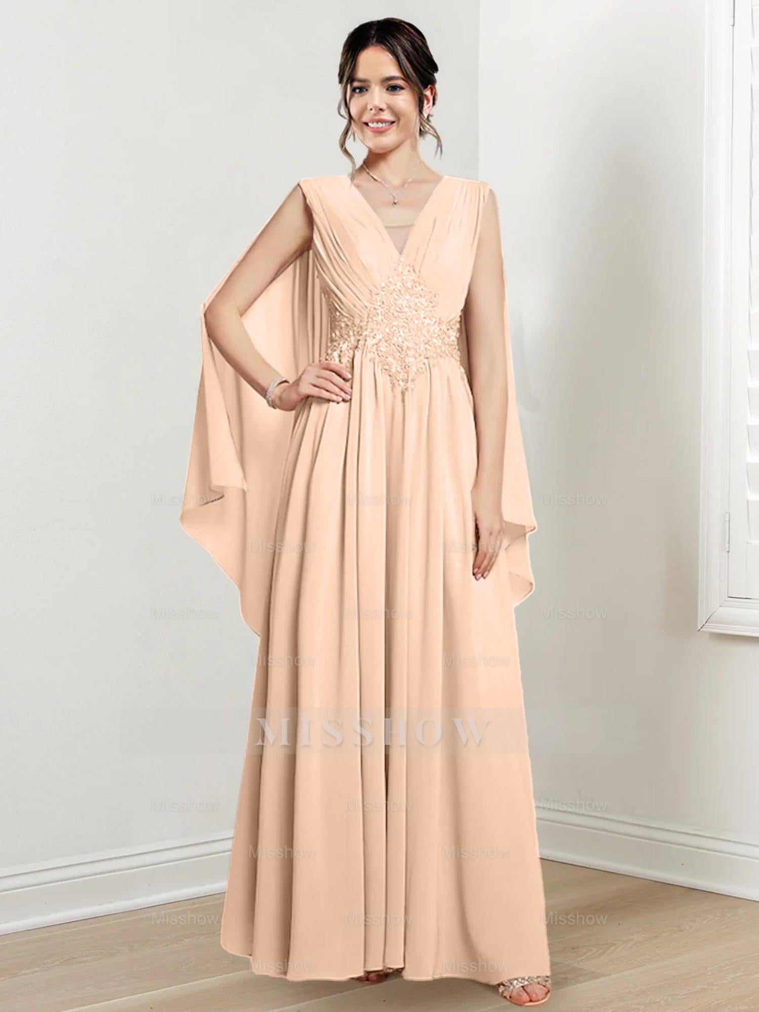 V-Neck A-Line Princess Floor-Length Dresses for the Mother of the Bride