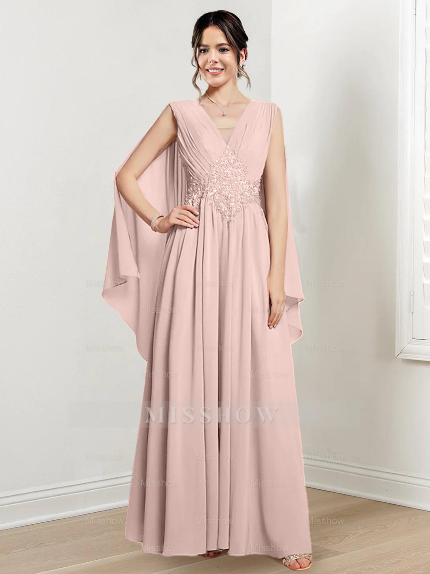 V-Neck A-Line Princess Floor-Length Dresses for the Mother of the Bride