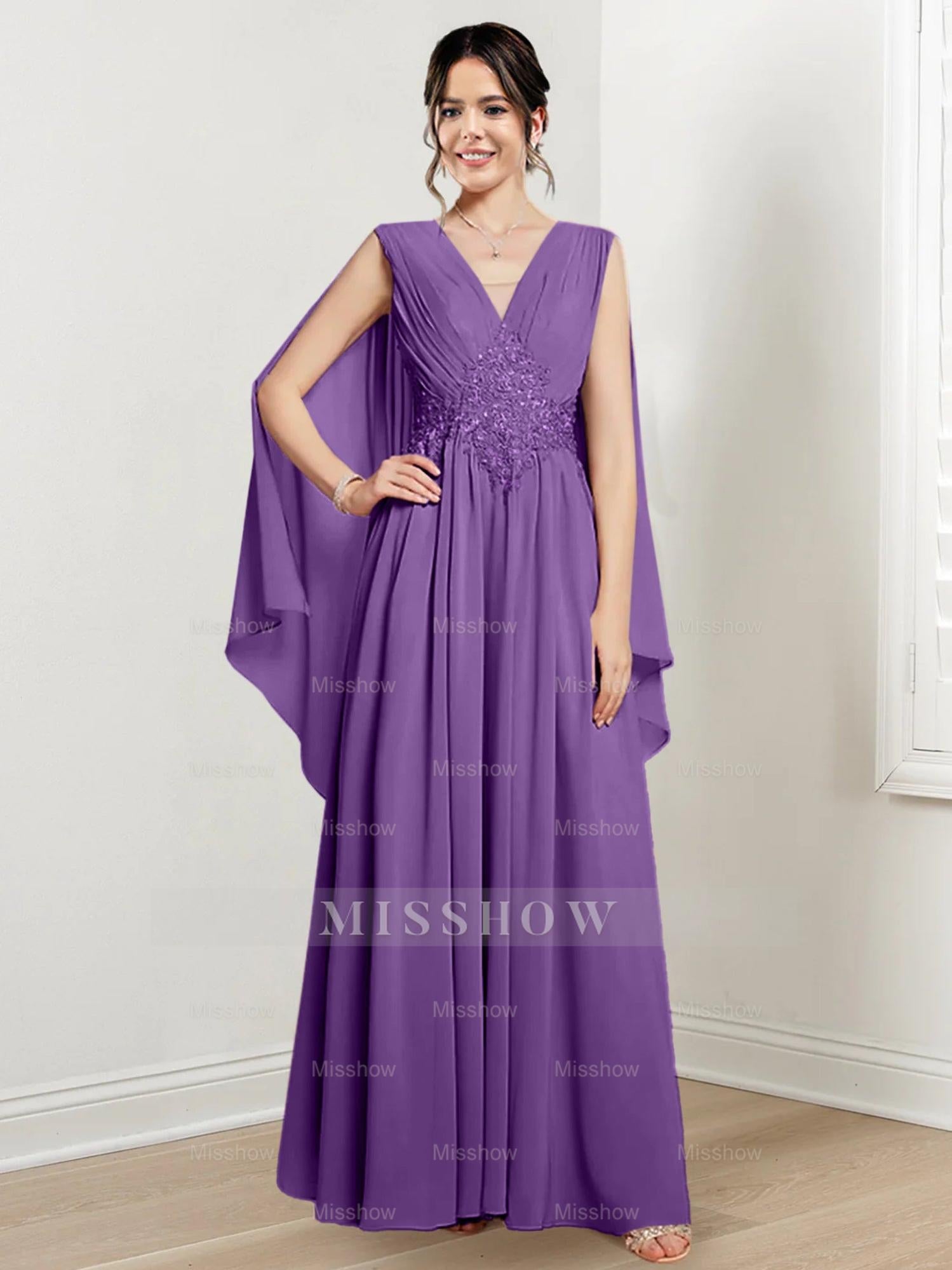 V-Neck A-Line Princess Floor-Length Dresses for the Mother of the Bride