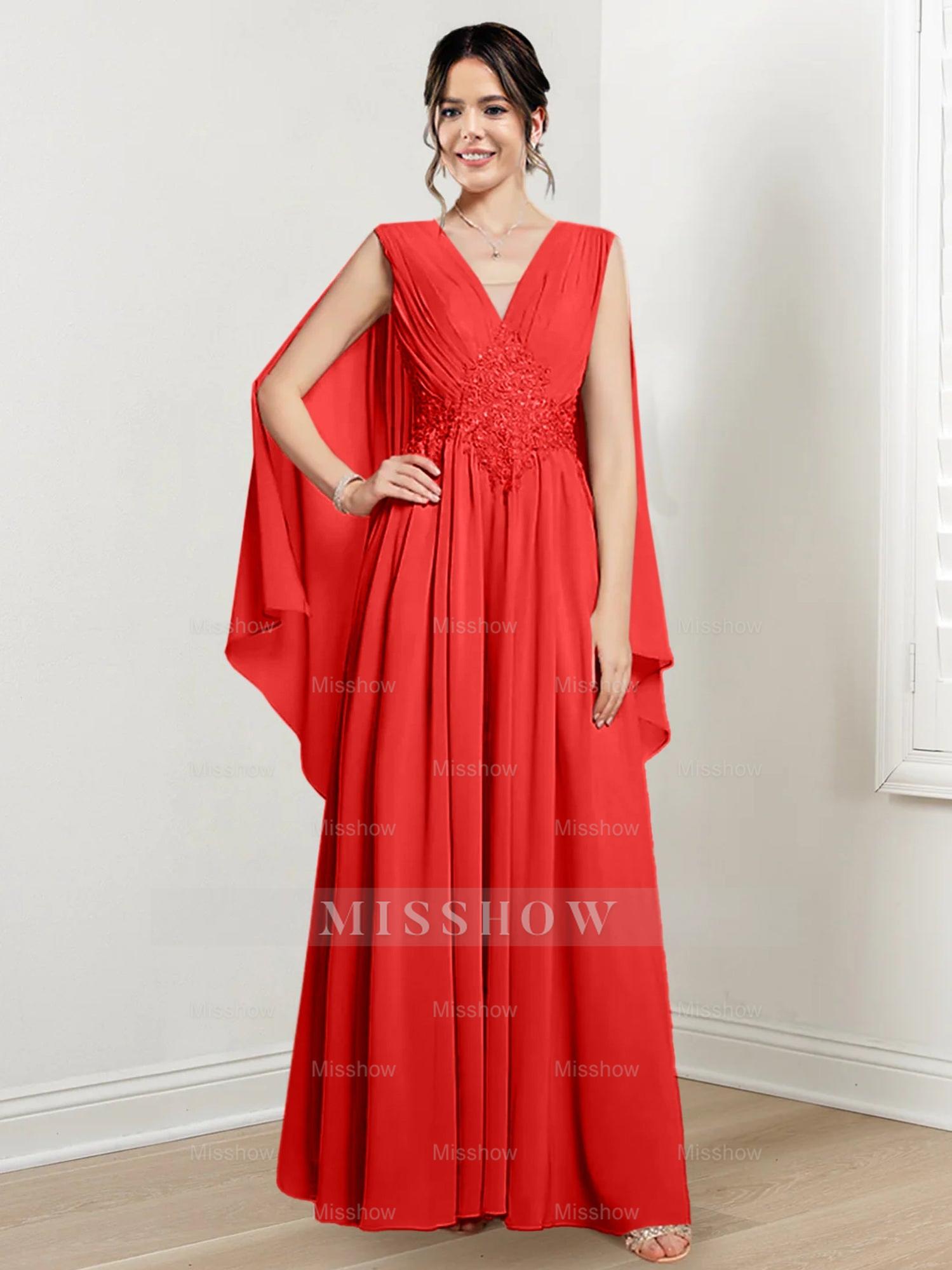 V-Neck A-Line Princess Floor-Length Dresses for the Mother of the Bride