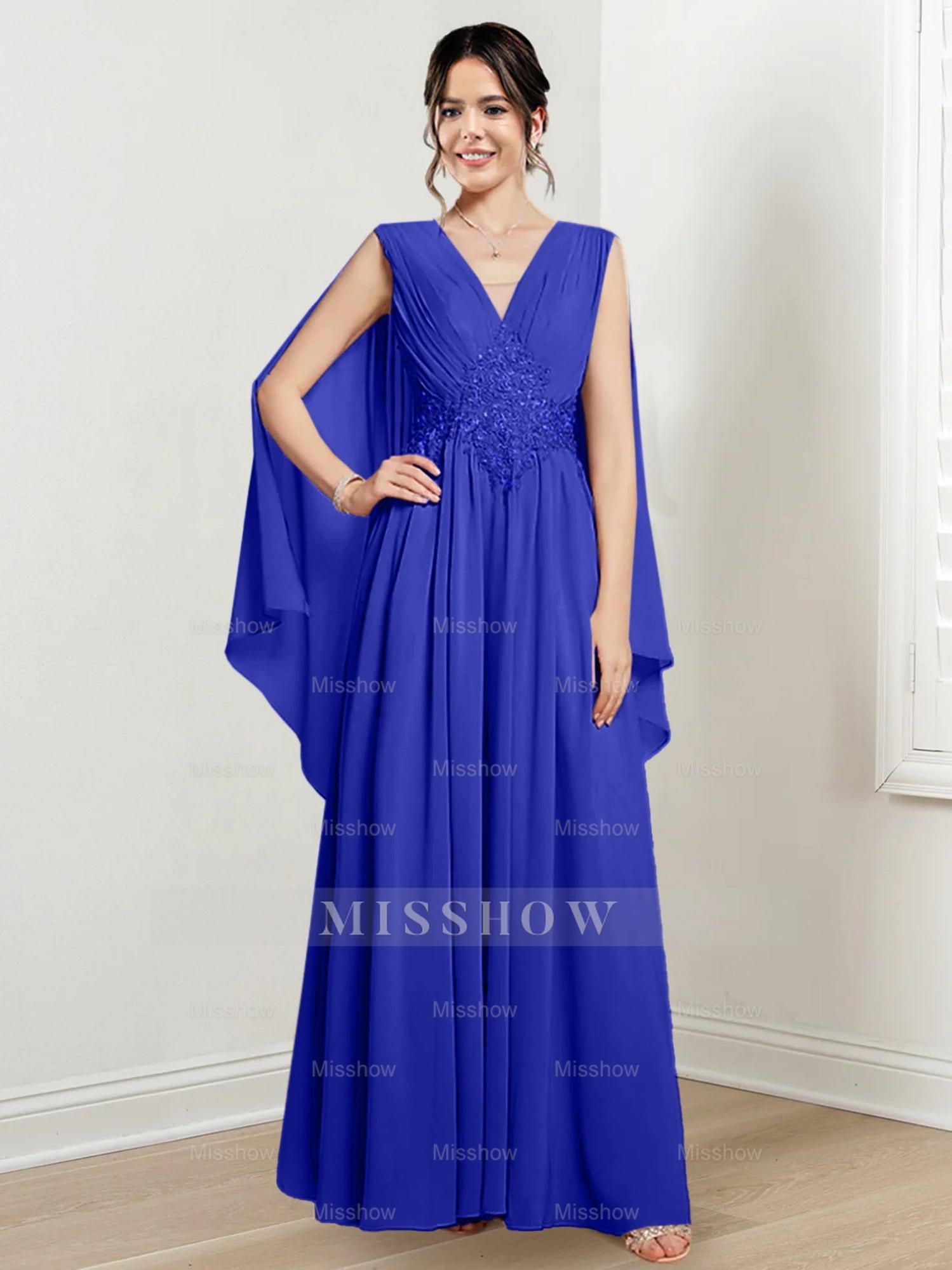 V-Neck A-Line Princess Floor-Length Dresses for the Mother of the Bride