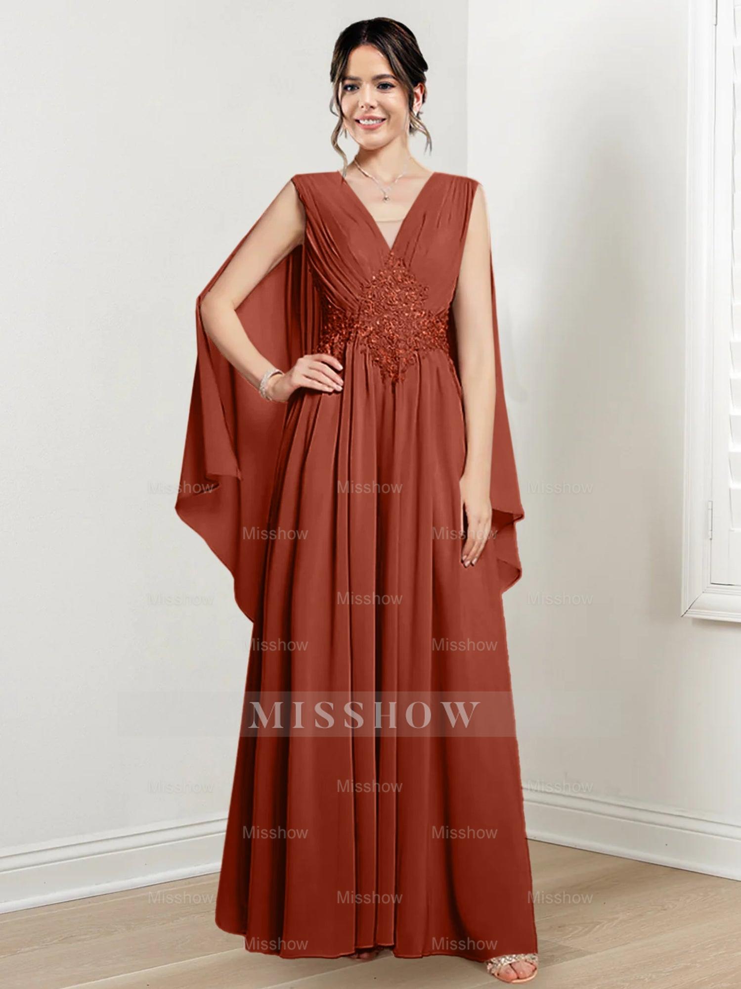 V-Neck A-Line Princess Floor-Length Dresses for the Mother of the Bride