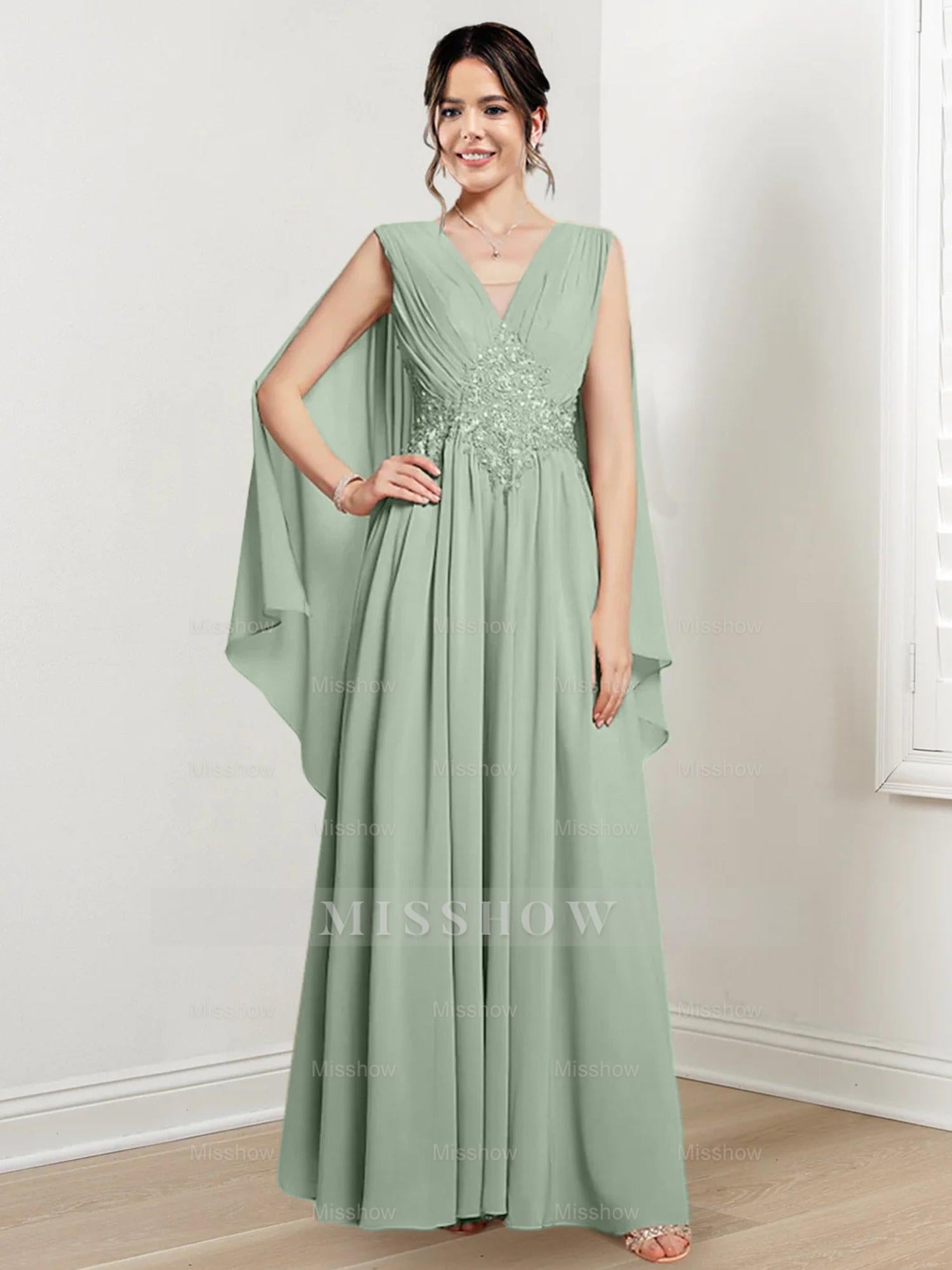 V-Neck A-Line Princess Floor-Length Dresses for the Mother of the Bride